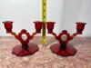 Pair of Ruby Red Glass Double Arm Candle Holders - 2