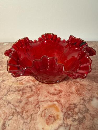 Cranberry Red Ruffled Glass Bowl With Rose Pattern