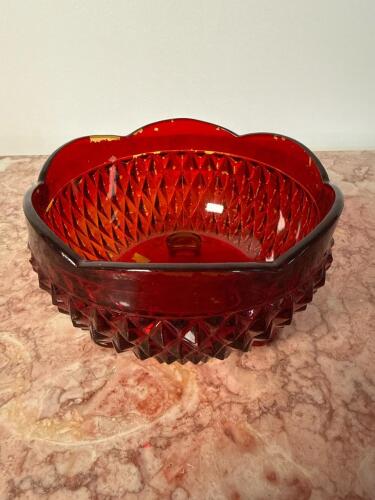 Vintage-Style Ruby Red Pressed Glass Footed Bowl