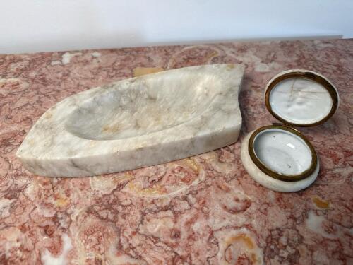Porcelain Dresser Box with Cherub Motif and Carved Marble Dish