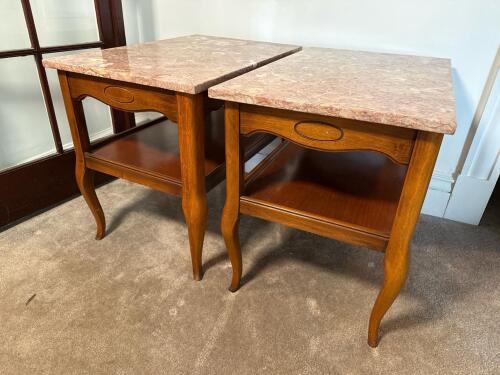 Pair of Marble-Top Two-Tier End Tables