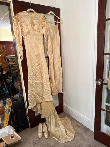 Vintage Handmade Satin Wedding Dress with Slip and Shoes