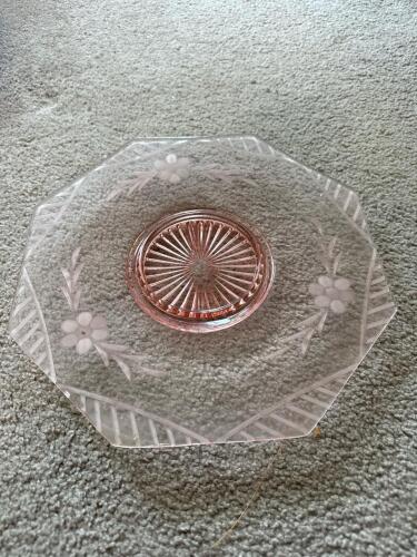 Depression Era Pink Etched Glass Plate with Floral Design