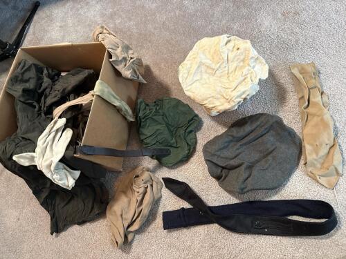 Box of Vintage Mixed Military Headgear and Textiles