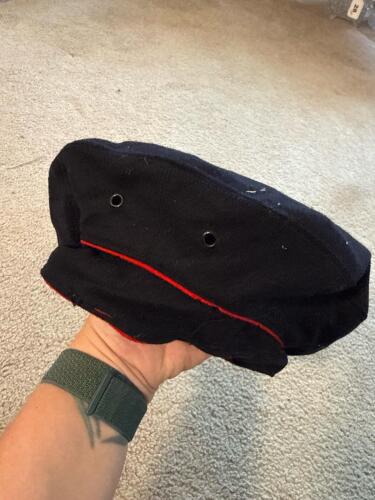Vintage Military-Style Navy Blue Wool Cap with Red Trim
