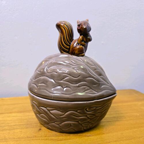 Ceramic Squirrel-on-Walnut Lidded Dish, 8.5 in. High
