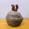 Ceramic Squirrel-on-Walnut Lidded Dish, 8.5 in. High