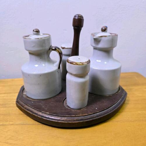 Ceramic Condiment Jars with Wooden Lazy Susan, 8.5" Diameter