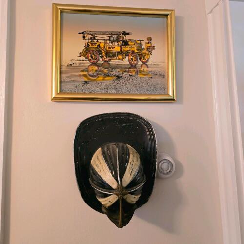 Framed Fire Engine Painting With Firefighter Helmet, 20" x 16"