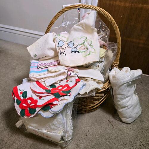 Basket of Vintage Assorted Linens, Doilies, Embroidered Table Linens