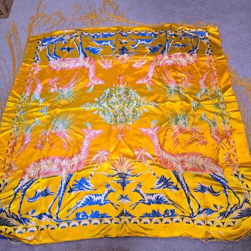 Vintage-Style Yellow Silk Fringed Shawl
