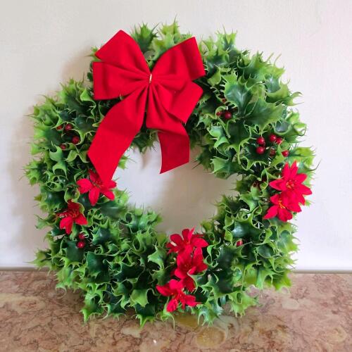 Artificial Holly Wreath with Red Bow, 16 in.