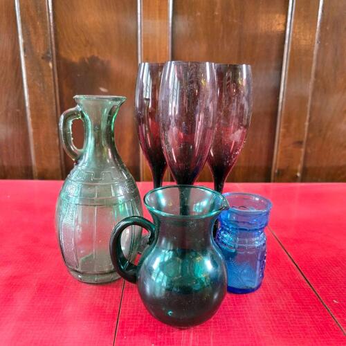Colored Glass Stemware, Pitcher, Decanter, Blue Tumbler