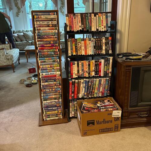 Large Assorted Family VHS and DVD Movies Lot with Stands