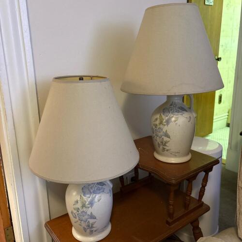 Pair of Blue Floral Ceramic Table Lamps with Fabric Shades
