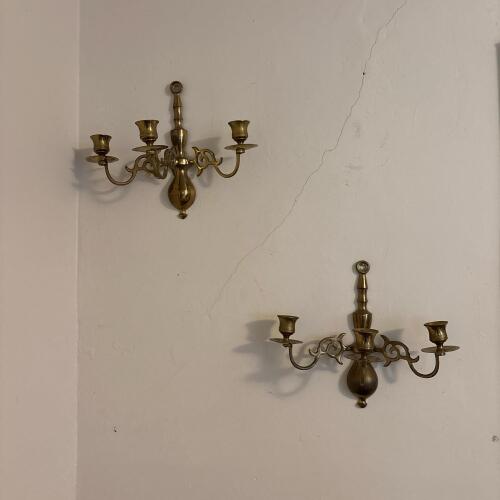 Pair of Brass Three-Arm Wall Candle Sconces