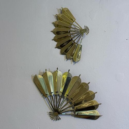 Pair of Brass Tone Stamped Metal Fan Wall Hangings