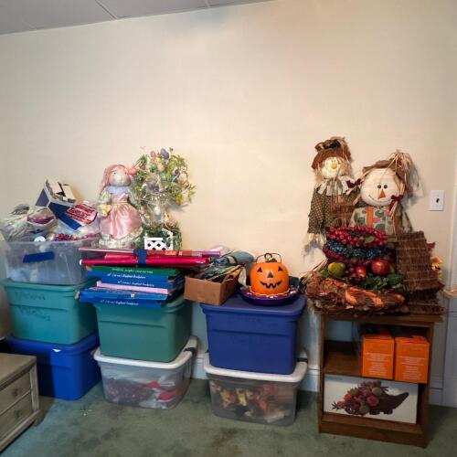 Assorted Holiday Decor Lot - Scarecrow Figures, Easter Bunny, Easter Tree, Pumpkin Pail and More