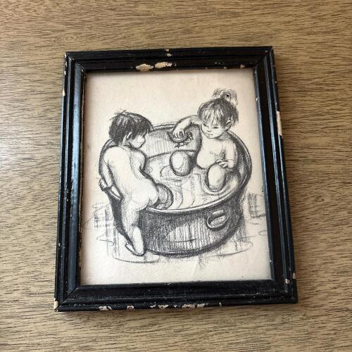 5.75&rdquo; x 6.75&rdquo; Framed Drawing of Children Bathing