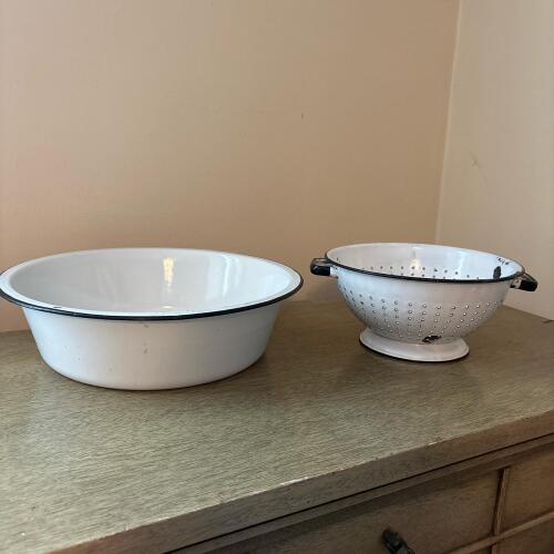 Vintage White Enamelware Wash Basin and Colander