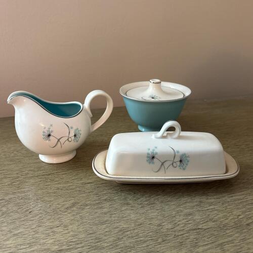 Vintage Blue Floral Creamer, Covered Sugar Bowl and Butter Dish Set