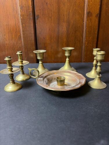 Six Brass Candlesticks with One Brass Chamberstick