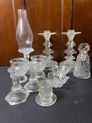 Mixed Clear Glass Candle Holders, Oil Lamp Chimney & Bottle