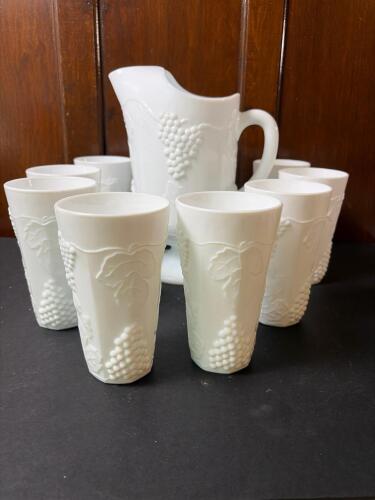 White Milk Glass Grape Motif Tumblers with Pedestal Pitcher