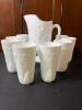 White Milk Glass Grape Motif Tumblers with Pedestal Pitcher