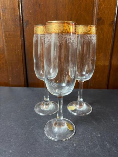 Three Cellini Blown Crystal Champagne Flutes, 24kt Gold