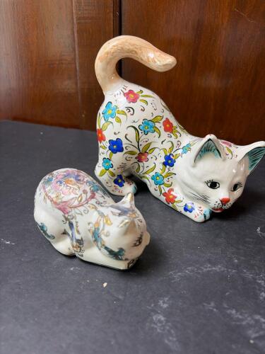 Two Decorative Floral Ceramic Cat Figurines