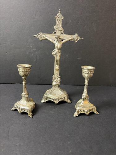 Metal Crucifix and Metal Candlesticks