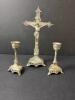 Metal Crucifix and Metal Candlesticks