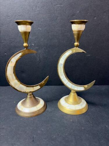 Crescent Brass and Mother-of-Pearl Inlay Candlesticks