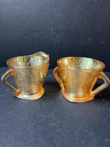 Pair of Marigold Depression Glass Creamer and Sugar Set
