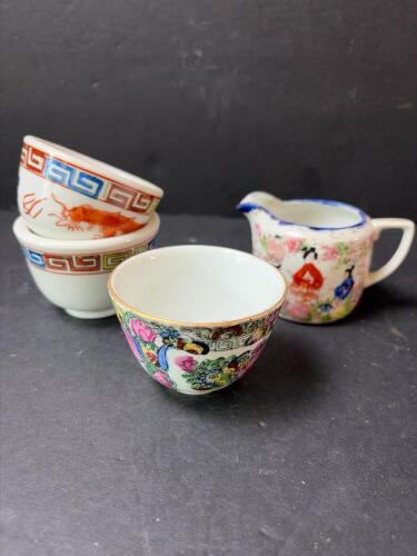 Hand Decorated Asian Ceramic Tea Bowls and Creamer