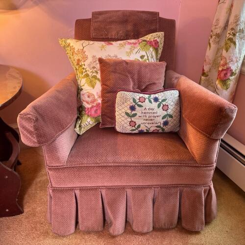 Small Vintage Skirted Armchair in Pink Upholstery