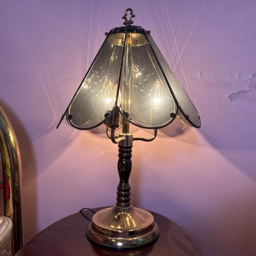 Vintage Metal Touch Lamp With Smoked Glass Floral Shade
