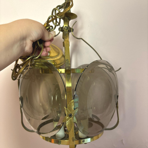 Vintage Metal and Glass Hanging Lantern Chandelier