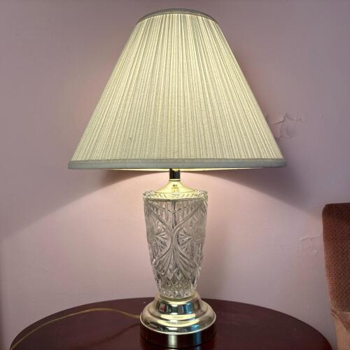 Floral Pressed Glass Table Lamp with Pleated Shade