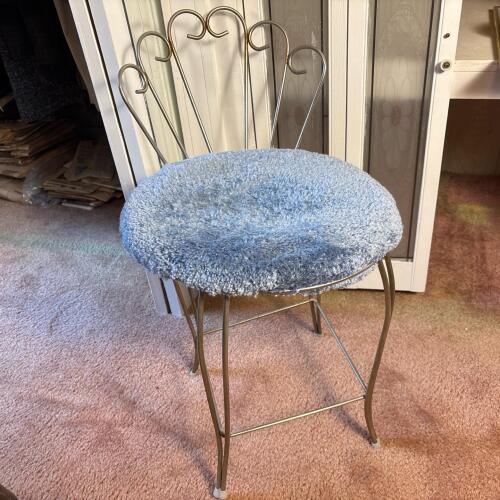 Vintage Metal Vanity Chair with Blue Cushion
