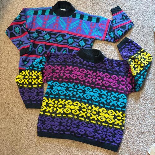 Two Vintage Colorful Patterned Sweaters