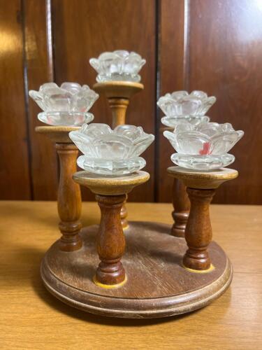 Glass Lotus Flower Candle Holder on Wooden Stand