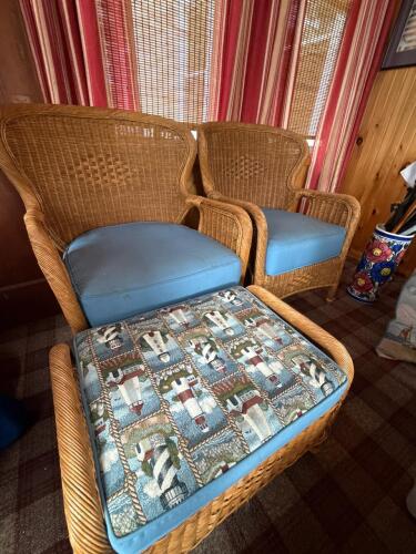 Pair of Wicker Lounge Chairs with Ottoman