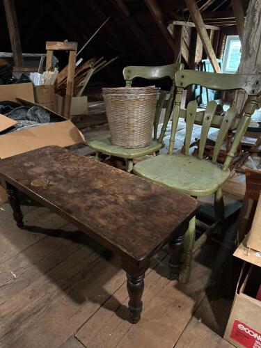 Green Painted Spindle-Back Chairs, Wooden Coffee Table and Woven Baskets