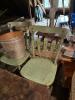 Green Painted Spindle-Back Chairs, Wooden Coffee Table and Woven Baskets - 3