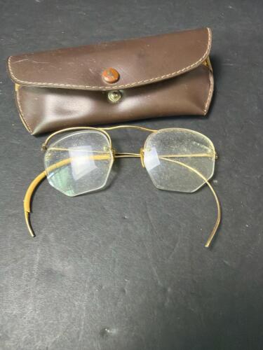 Vintage Hexagonal Gold Wire Frame Eyeglasses with Brown Case