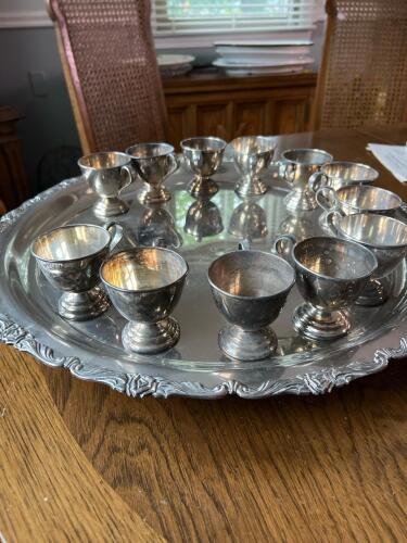 Twelve Japanese Silver-Tone Goblets with Ornate Tray