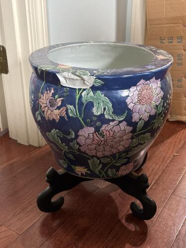 Chinese Blue Floral Fish Bowl Planter with Stand "Chipped"