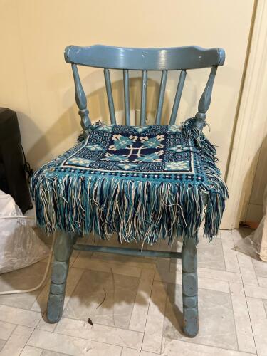 Blue Painted Wooden Chair with Fringe Cushion